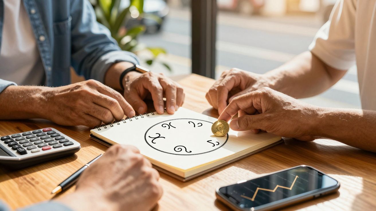 Drei Personen diskutieren an einem Tisch über ein Diagramm in einem Notizbuch, mit Taschenrechner und Smartphone daneben.