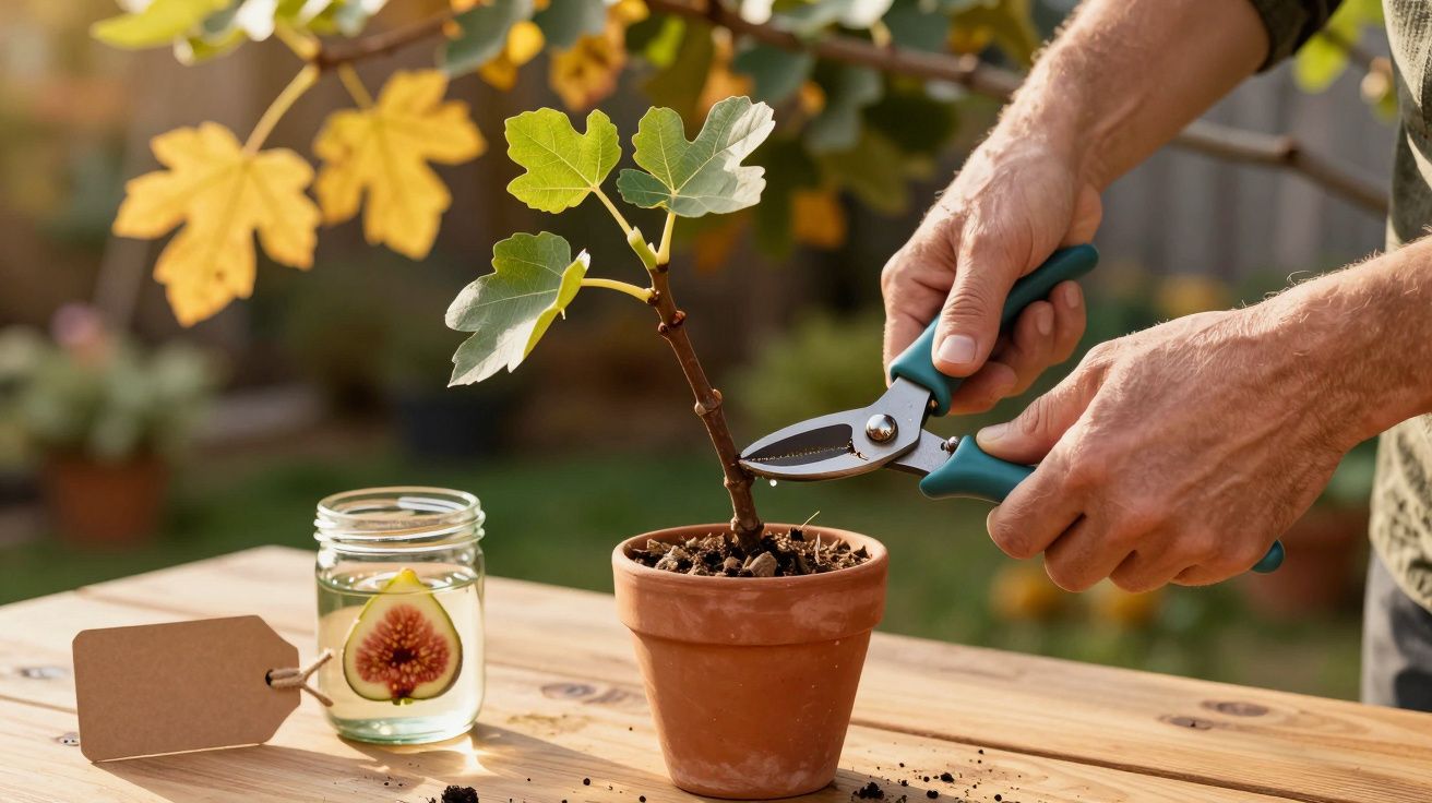 Person schneidet Feigenpflanze in Terrakottatopf mit Gartenschere. Glas mit Feigenmotiv im Hintergrund.