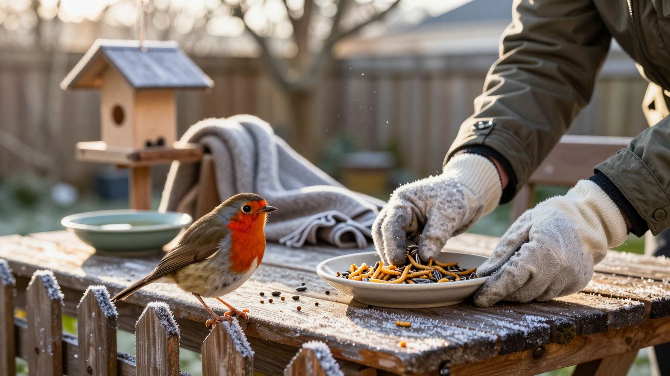Ein Rotkehlchen sitzt auf einem Tisch, während eine Person Vogelfutter in einer Schale bereitstellt.