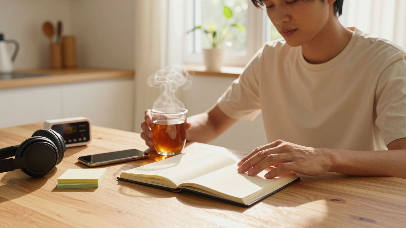 Person am Tisch mit Notizbuch und Tee. Kopfhörer, Smartphone und Notizzettel liegen daneben. Sonnenlicht durch Fenster.