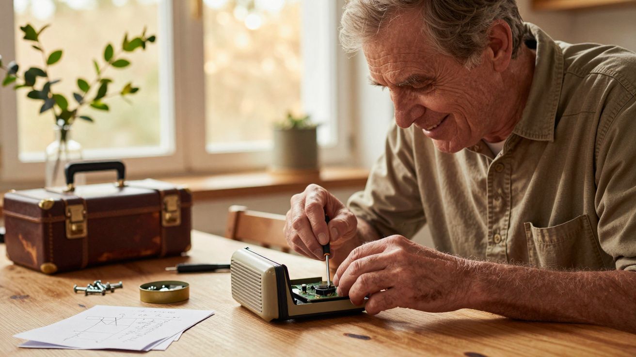 Älterer Mann repariert ein Radio mit Schraubenzieher, sitzt an einem Holztisch, Pflanzen im Hintergrund.