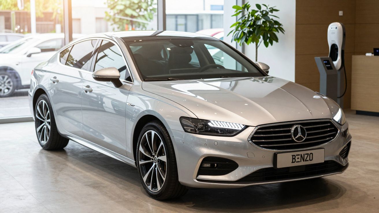 Silberner PKW in Autohaus, stilvolles Design, große Fensterfronten, Pflanze und Ladestation im Hintergrund.