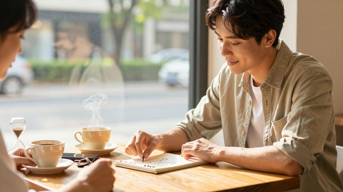 Mann und Frau im Café, trinken Kaffee und schreiben Notizen auf einem Tablet. Außenansicht im Hintergrund.