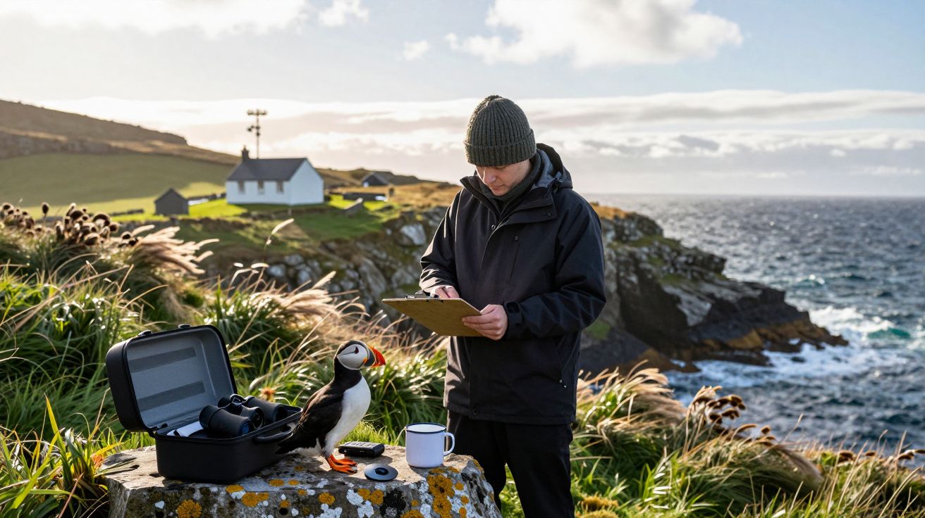 Mann mit Mütze macht Notizen auf Clipboard auf Klippe, mit Tasse und Rucksack, neben Papageientaucher und Meerblick.