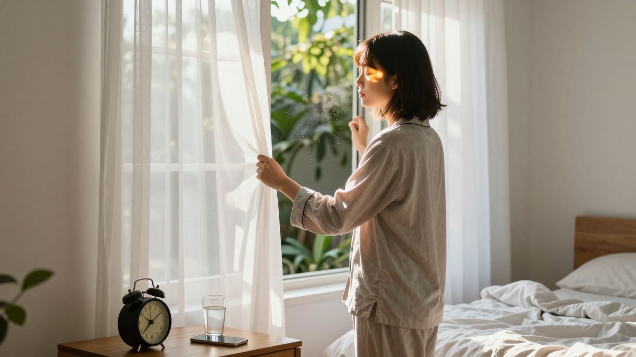 Frau in Pyjama zieht Vorhänge im Schlafzimmer auf. Sonnenlicht fällt ein, Wecker und Glas auf dem Nachttisch.