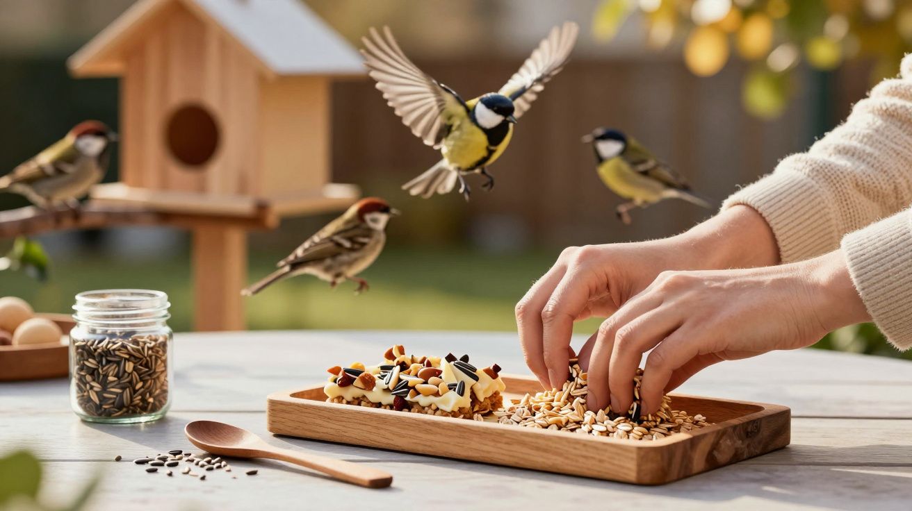 Hände legen Vogelfutter auf ein Tablett, während Vögel in der Nähe sind; im Hintergrund ein Vogelhaus.