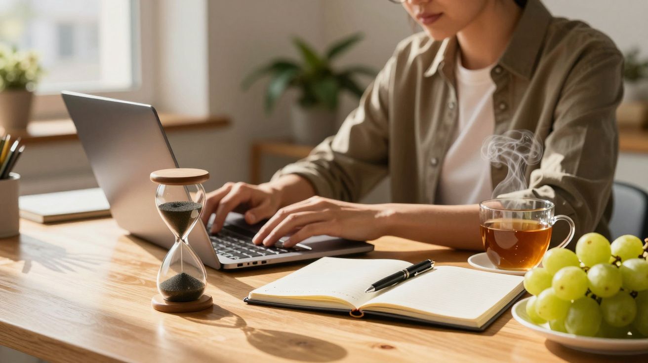 Person tippt auf Laptop, im Vordergrund eine Sanduhr, eine Tasse Tee, Notizbuch mit Stift und grüne Trauben auf Tisch.