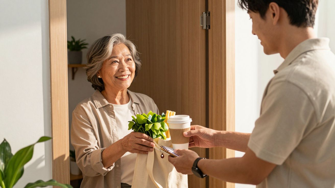Ältere Frau mit Pflanzen im Gespräch mit Mann, der Kaffee in einem lichtdurchfluteten Raum überreicht.