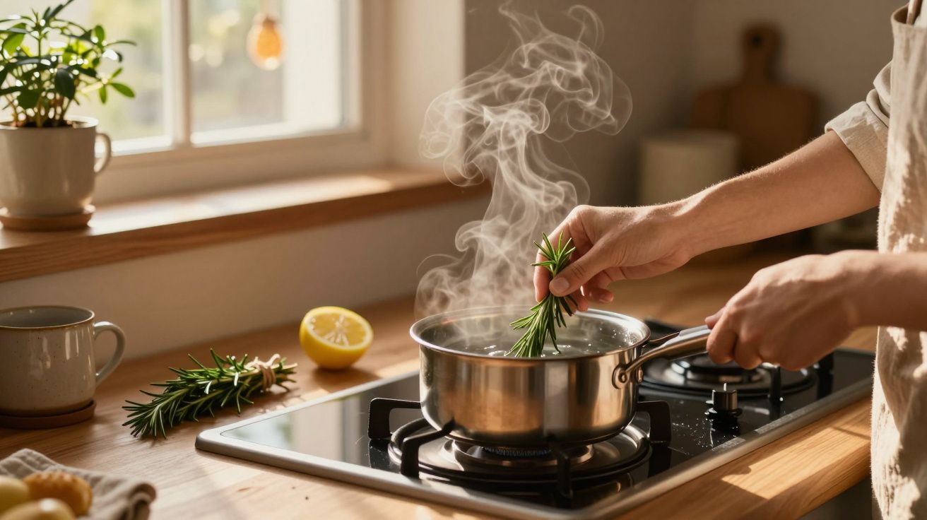 Person gibt frischen Rosmarin in dampfenden Kochtopf auf Herd, Zitrone und Rosmarinzweig neben der Arbeitsfläche.