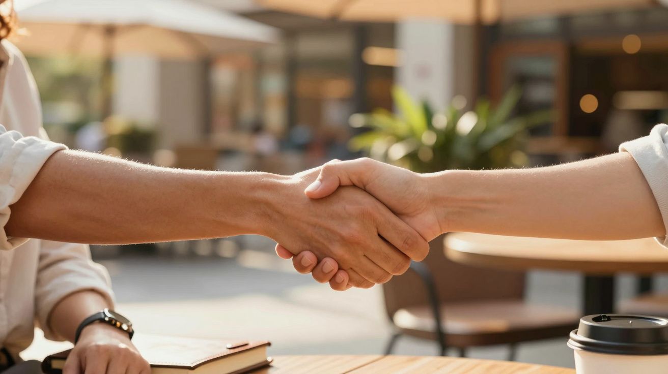 Zwei Personen geben sich die Hand über einem Tisch im Freien, daneben ein Notizbuch und ein Kaffee-Behälter.