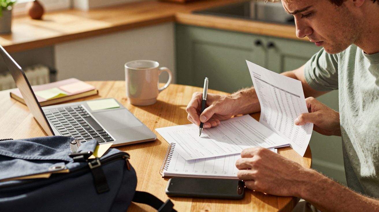 Mann arbeitet an Tisch mit Laptop, Notizen und Unterlagen in Küche, hält Stift und Blatt Papier.