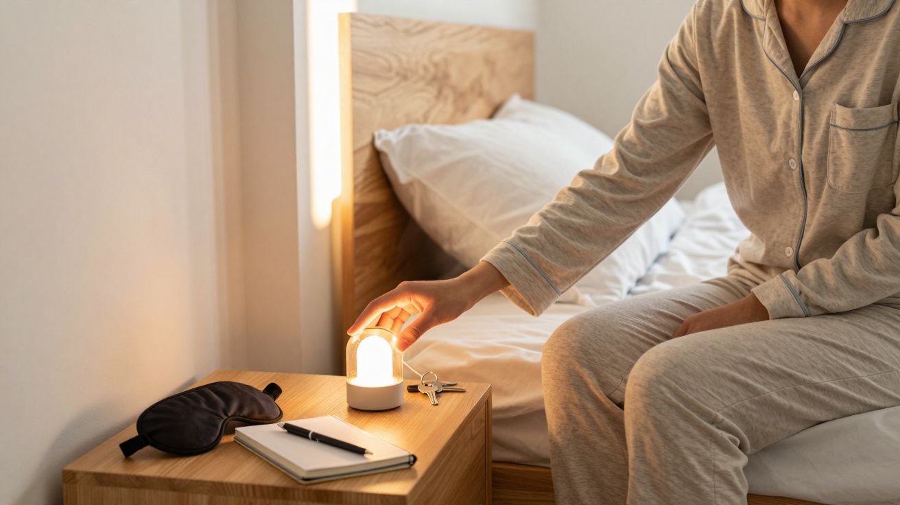 Person im Pyjama schaltet Lampe auf Nachttisch ein, daneben Notizbuch, Schlafmaske und Schlüssel.