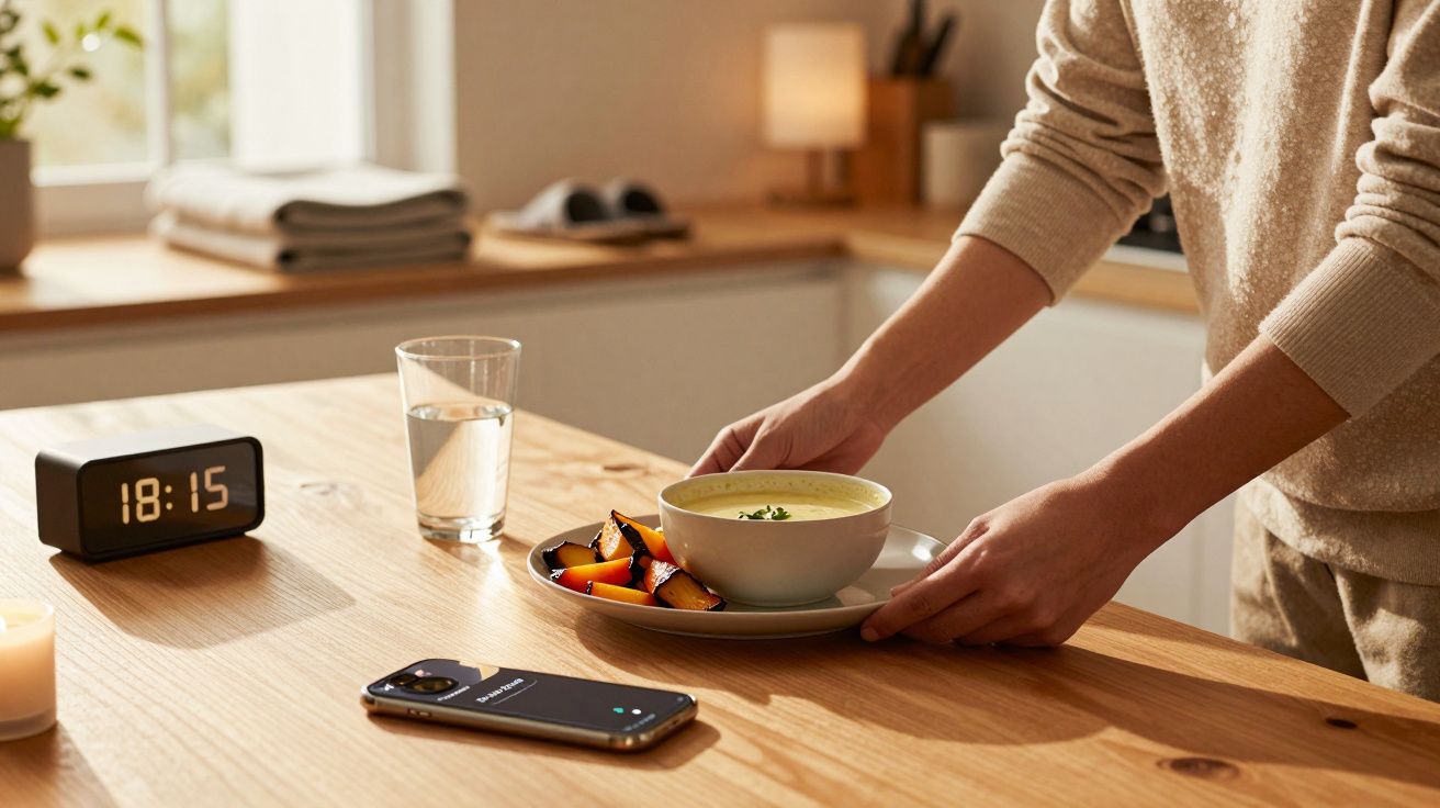 Person stellt eine Suppe und gebackenes Gemüse auf Holztisch mit Handy, Uhrzeit 18:15, Glas Wasser und Kerze ab.