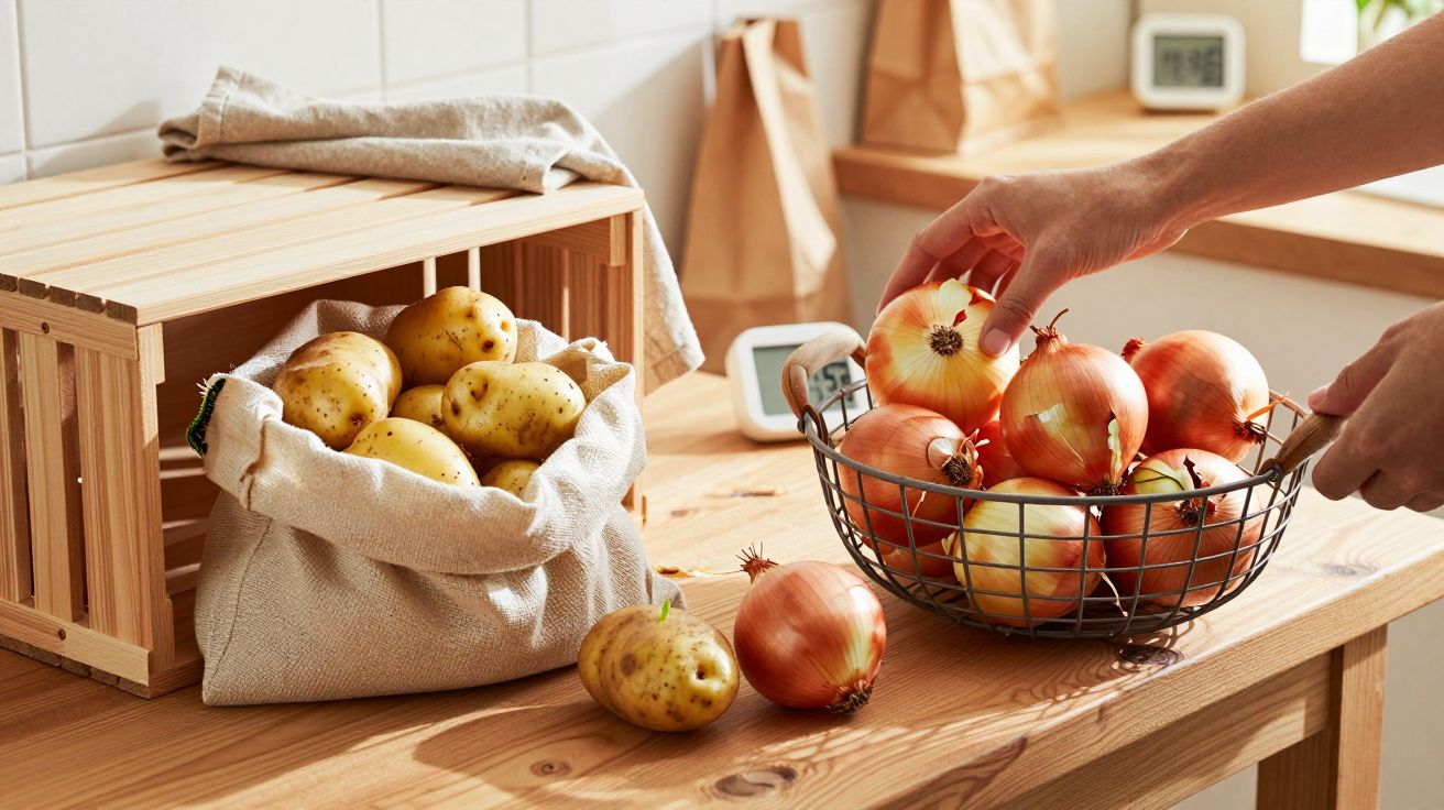 Eine Hand nimmt eine Zwiebel aus einem Korb. Daneben ist ein Jutesack mit Kartoffeln auf einem Holztisch.