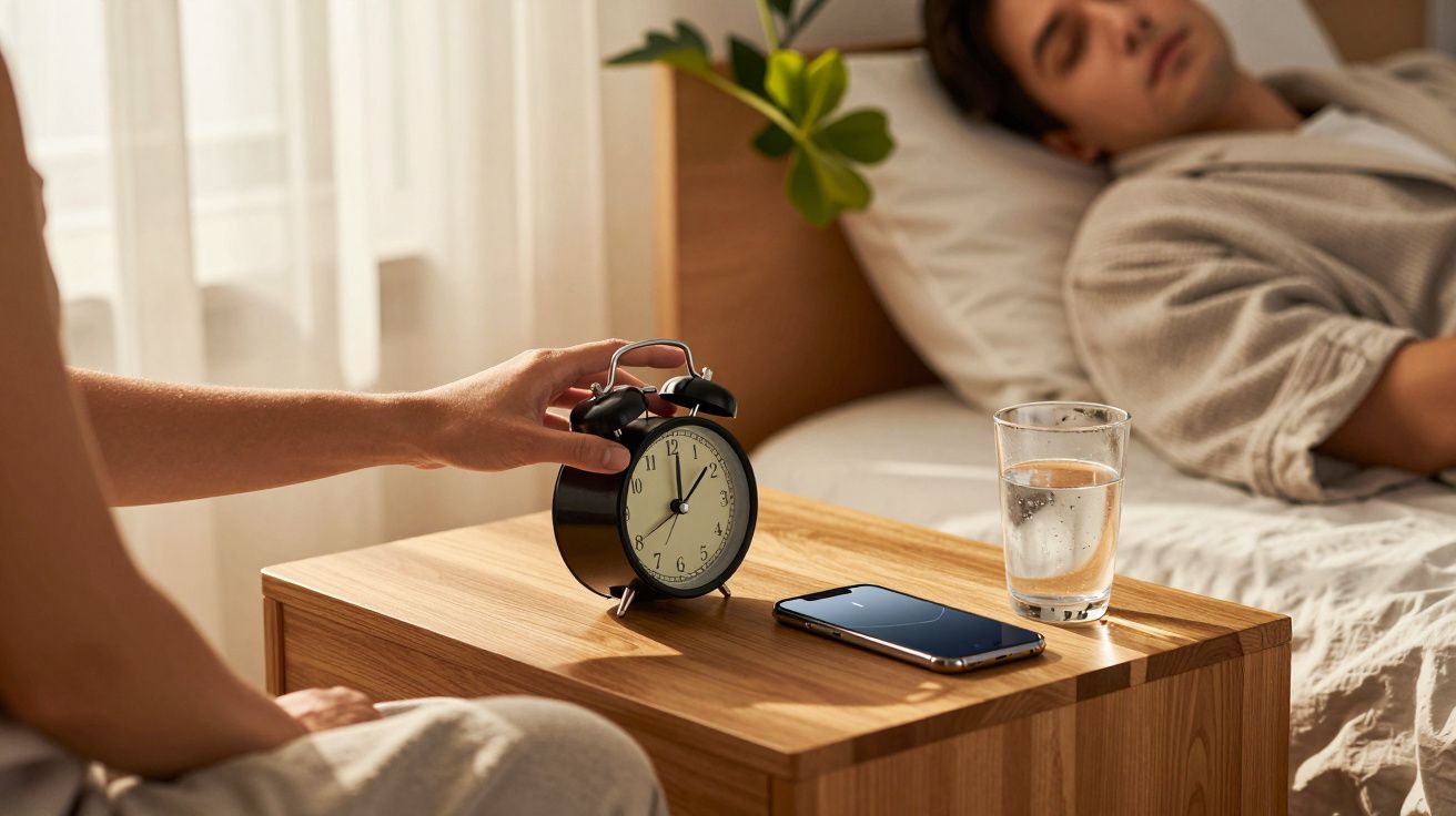 Person stellt Wecker auf Nachtkästchen aus Holz neben schlafendem Mann, Glas Wasser und Smartphone.