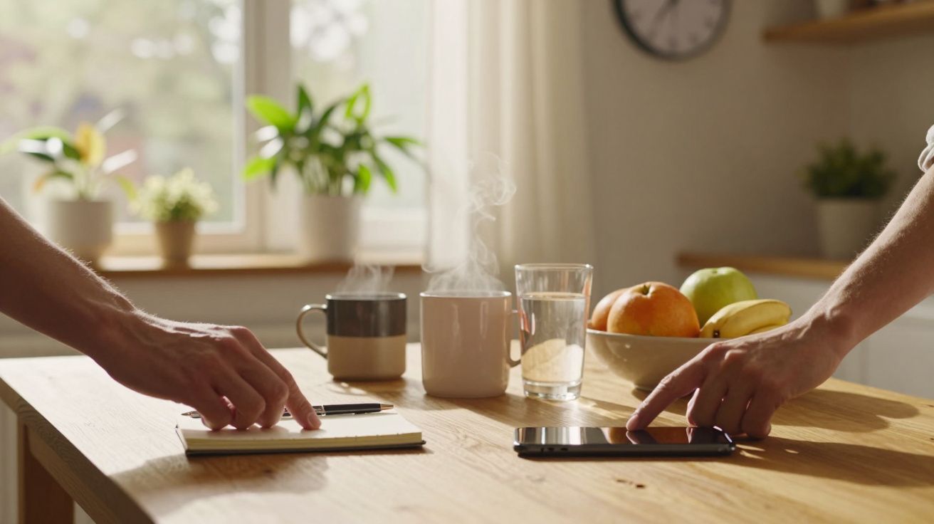 Zwei Hände auf einem Tisch mit Smartphone, Notizblock, dampfendem Tee, Wasser und Obstschale im Hintergrund.