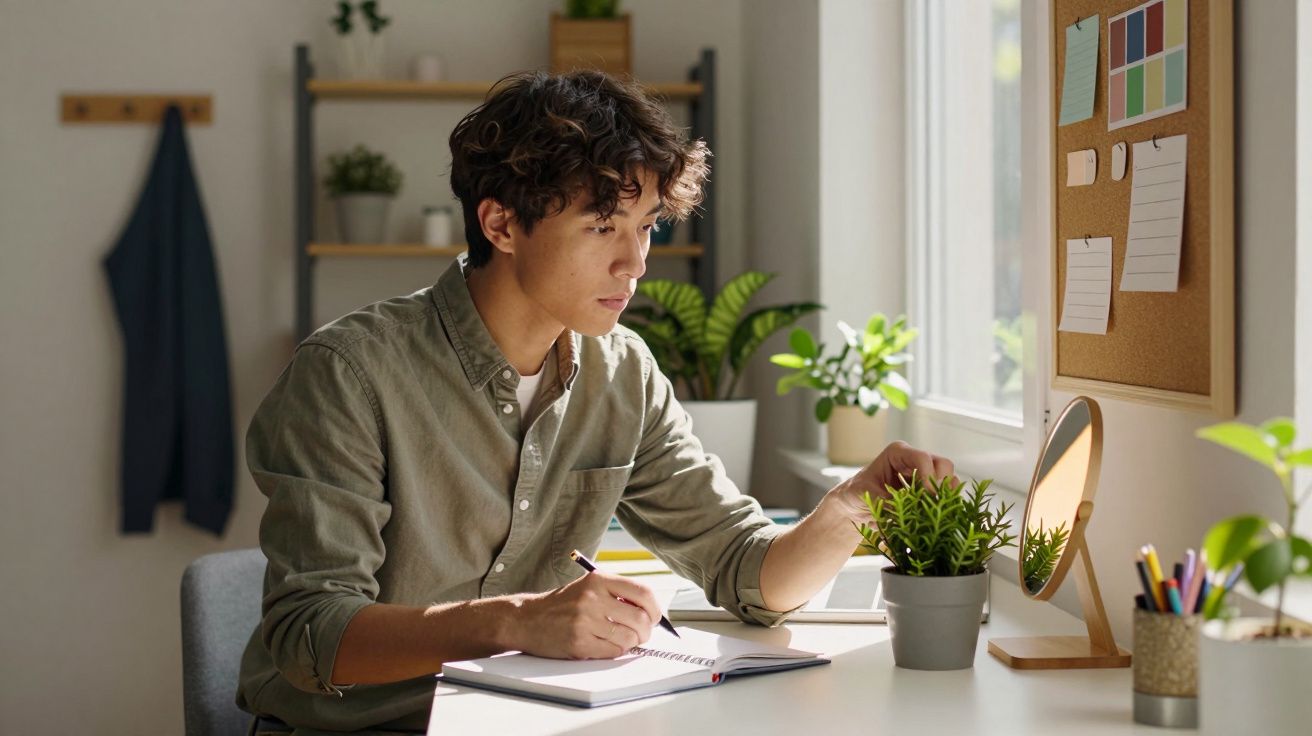 Person an einem Schreibtisch mit Notizbuch, Pflanzen und Pinnwand, nachdenklich aus dem Fenster schauend.