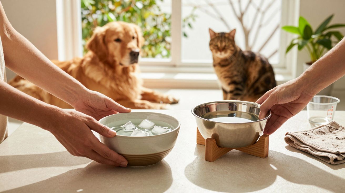 Zwei Schüsseln mit Wasser und Eiswürfeln vor einem Hund und einer Katze auf einem Tisch.
