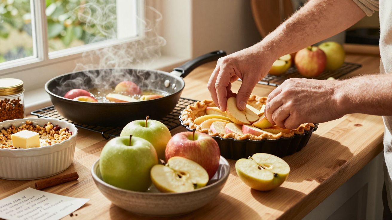 Person bereitet Apfelkuchen zu; frische Äpfel und Zutaten auf Holzarbeitsfläche in sonniger Küche.